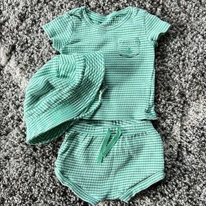 Green Striped Baby Outfit with Hat